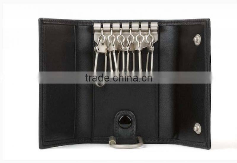 Slim and simple wholesale super-soft genuine leather tri-fold key case with key rings