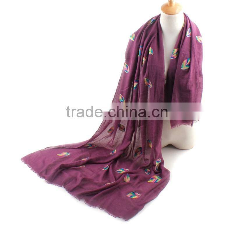2016 Spring Newest Colorful Leaf Hand Embroidery Designs Cotton Scarves