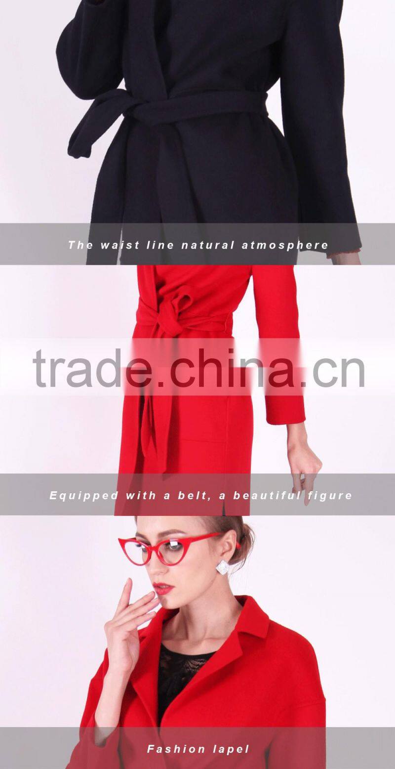 2016 New Design Spring Women Length Slim Fit Wool Trench Coat With Belt