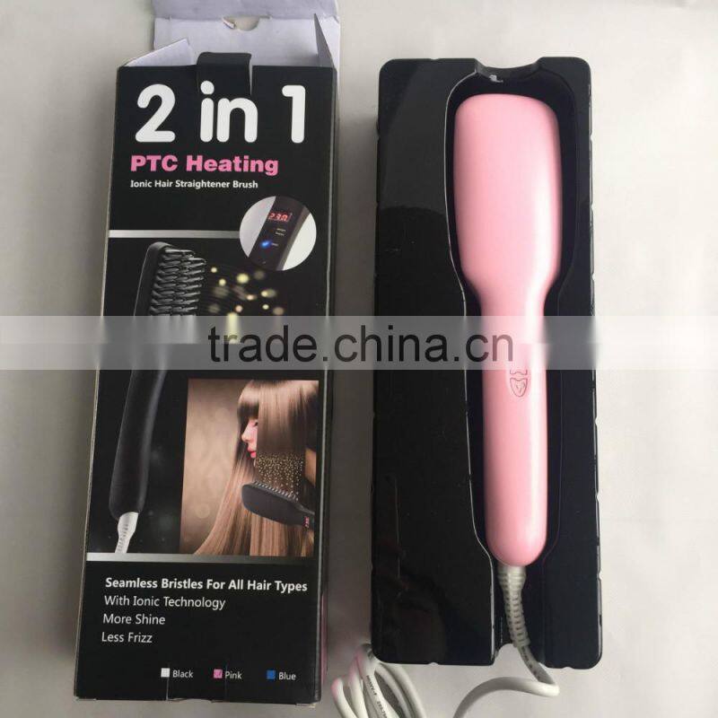 2 In 1 PTC Heating Ionic Styling Flat Iron New Hair Straightener Brush Anion Straightening Comb Shine 1699 As Seen As On TV