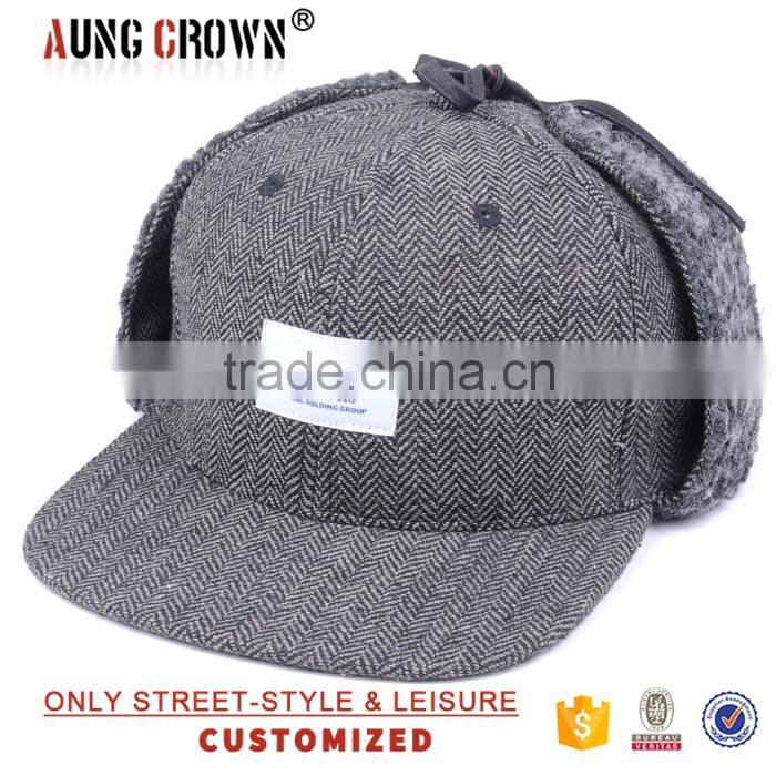 Custom Wool Hat With Ear Flaps/Ear Flaps Flat Brim Cap
