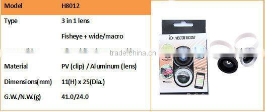 2016 New Design Universal clip Fish eye + Wide angle + Macro 3 in 1 camera Lens for Mobile Phone