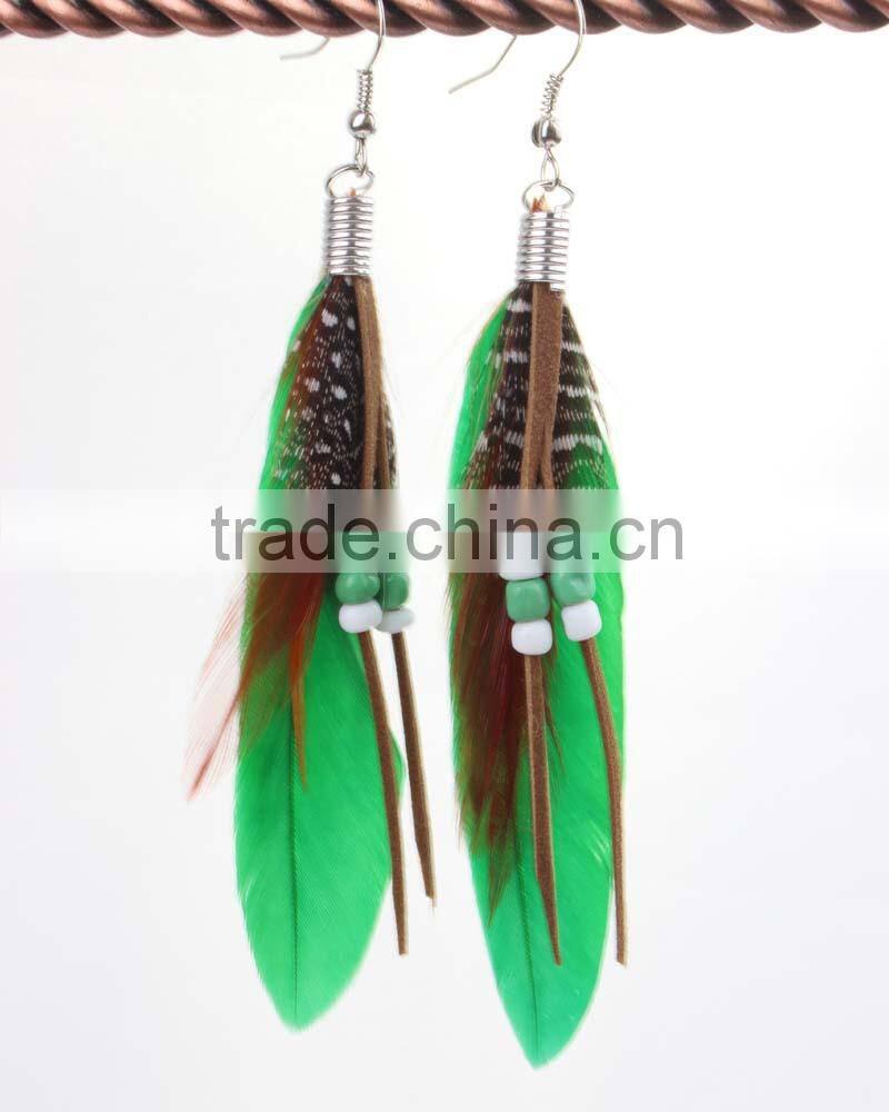 Neon color yellow Long cheap feather earring dangle drop earring for girls wholesale