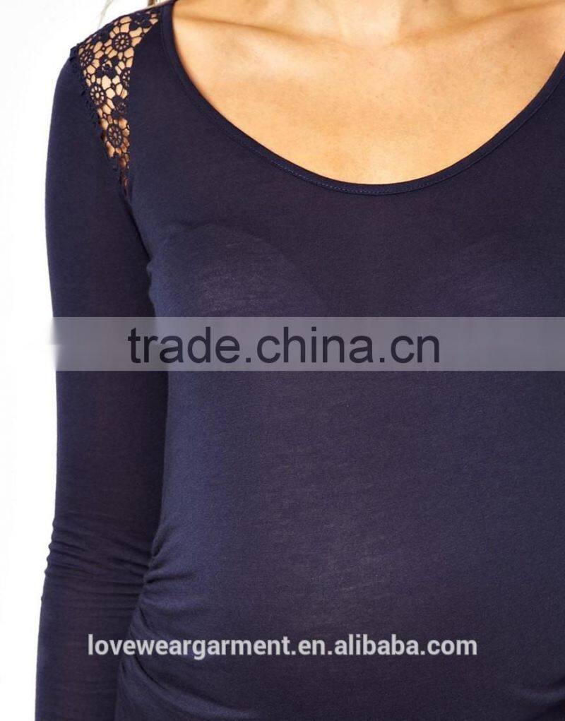 Wholesale plain blank maternity cotton spandex long sleeve t shirt with lace