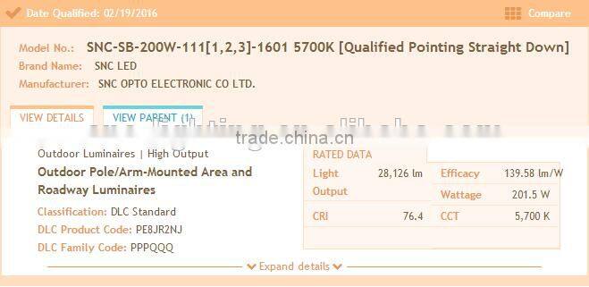 UL DLC Certification and Magnesium Alloy housing 200w led outdoor parking lot lighting