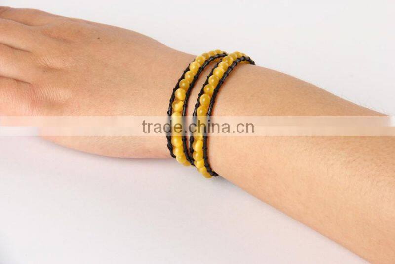 6mm natural yellow opal beaded wristband rope bracelet, adjustable leather bracelet, multi layer bracelet