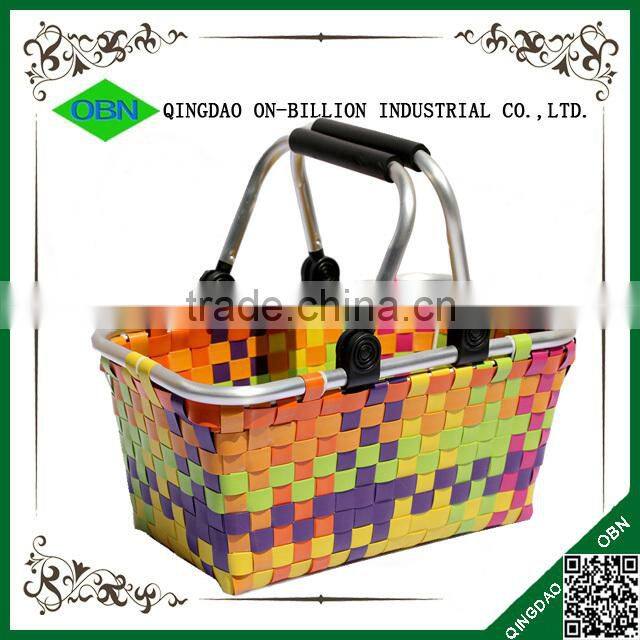 Plastic woven shopping basket with handles