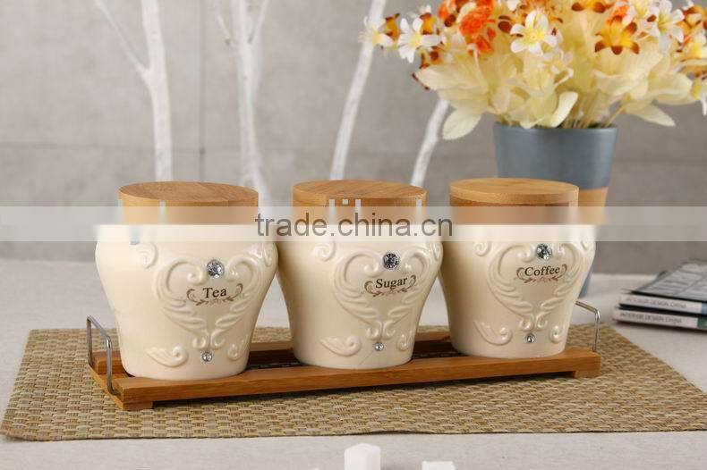 ceramic canister set with bamboo stand
