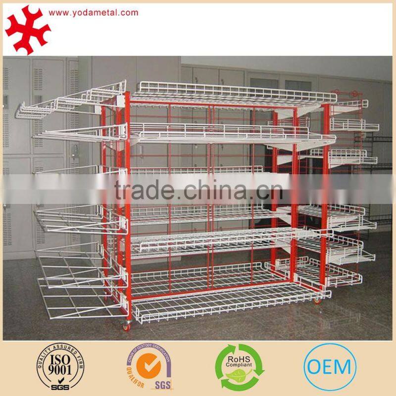 Metal double-sided supermarket display shelf gondola with basket