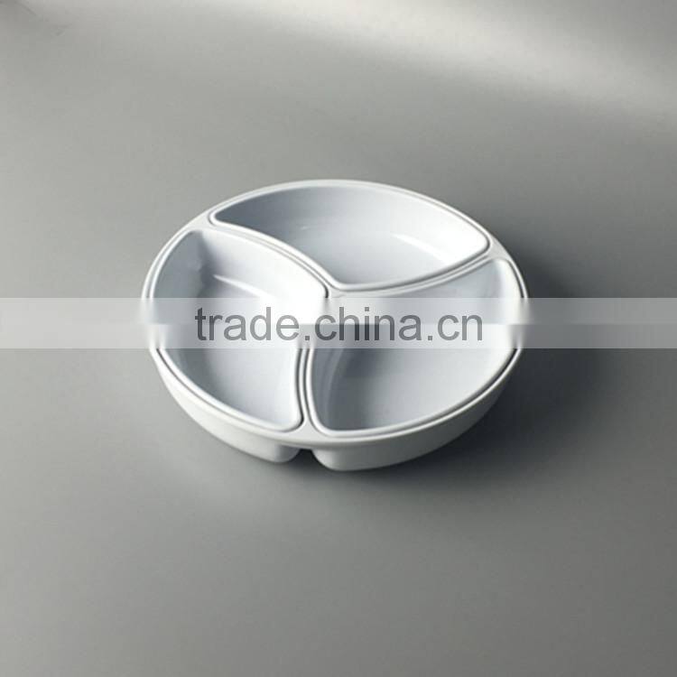 round black compartment dinner melamine as ceramic divided plate for restaurant soy sauce