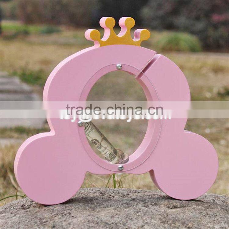 New design cute crown pink wooden girls piggy bank W02A255
