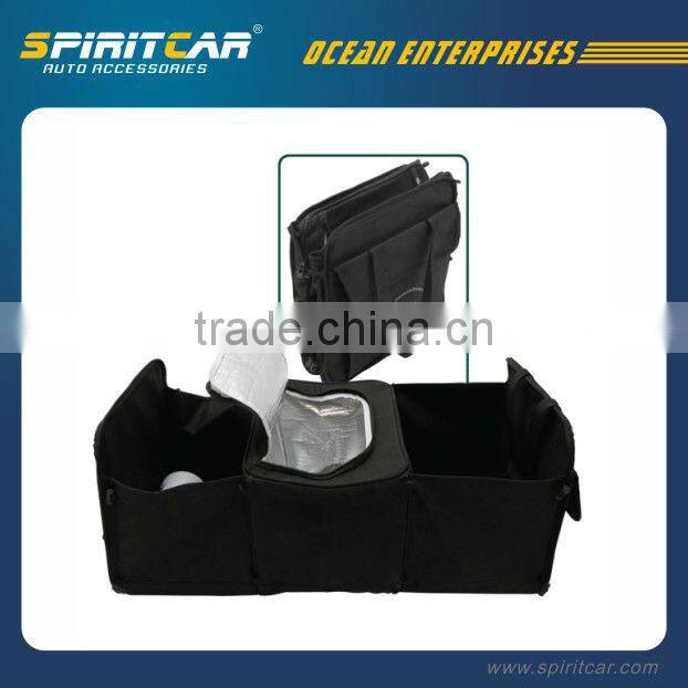 Black Folding Car Organizer with Cooling Bag , Car Trunk Storage Bag