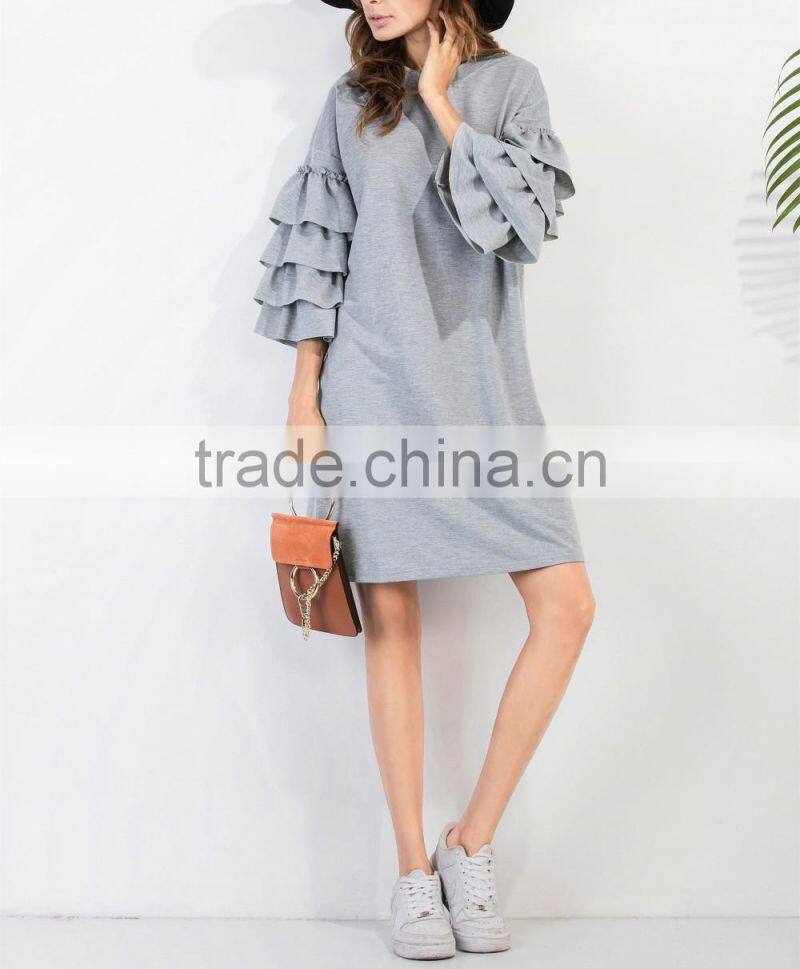 New Style Casual Straight Women Ruffle Sleeve Tee Dress Autumn Fashion Female Knee Length Grey Dresses