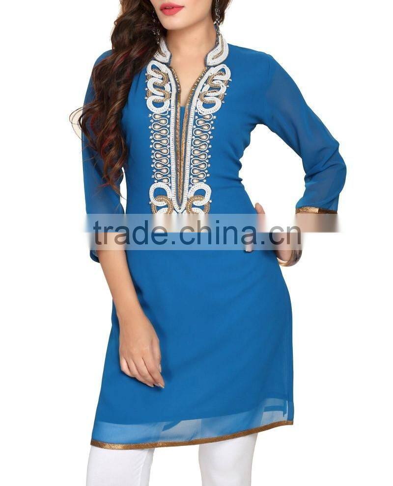 Pakistani Kurtis Glam And Glitter Tunic With Beadwork In White And Copper Front Neck Designs For Kurtis 2016 HSD5443