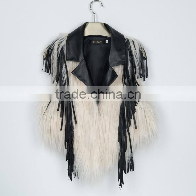 2016 new European style leather splicing faux fur vest woman dress