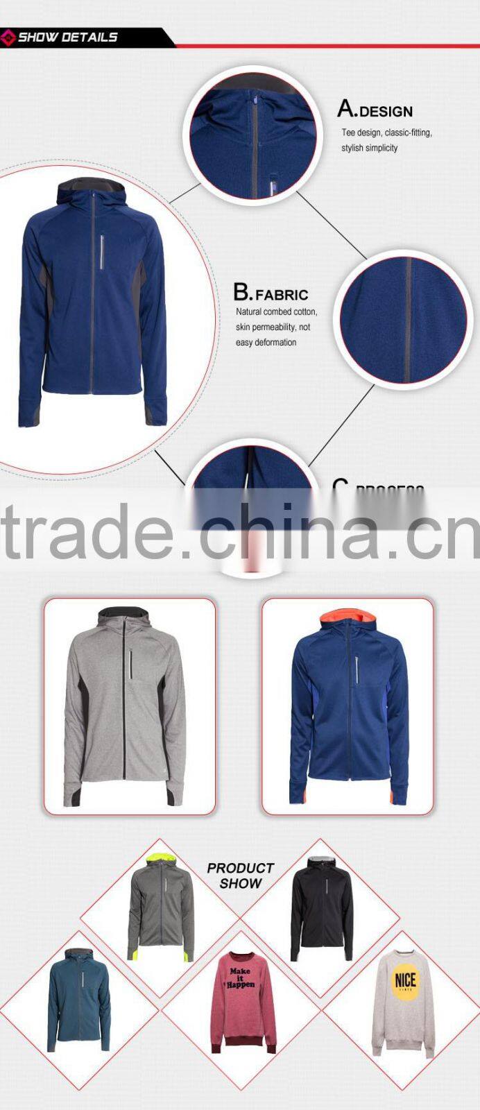 2016 Hot Selling Wholesale Mens Plain Blue Hoodies Zipper-up Long Sleeve Sweatshirts
