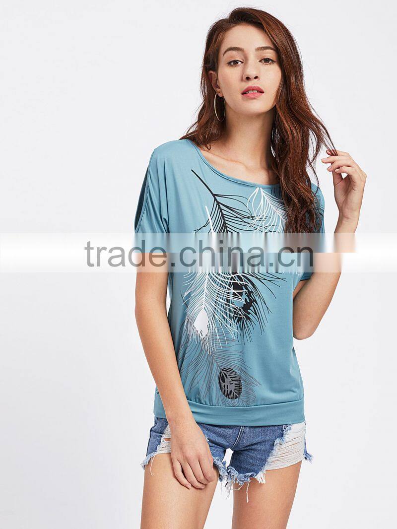 MGOO Design Custom Made Feather Print Split Shoulder Tee Short Sleeve Stretchy Soft Modal Tshirt Women Jersey Shirt