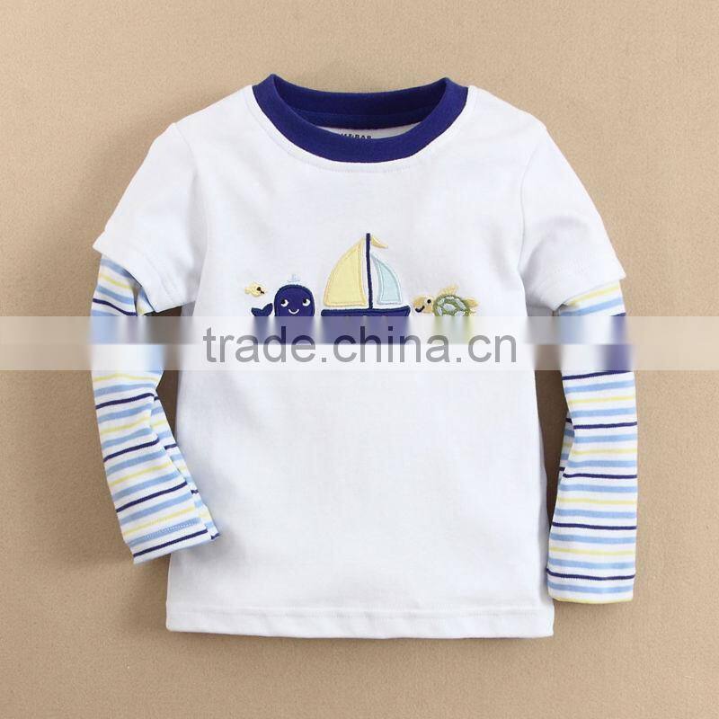 custom made high quality 100% combed cotton knitted children boys' long sleeve t shirts with embroidery logo