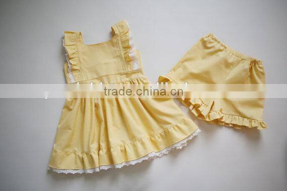 Latest Design 2 Pieces Baby Clothing Outfit Children Ruffle Lace Dress Plain Blue Bloomer Set Wholesale