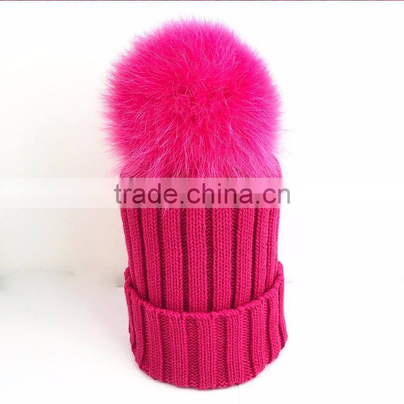 Myfur Hot Pink Rose Winter Wool Knit Hat with Fox Fur Pompom Attached