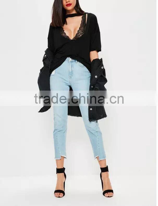 New summer fashion women Black Cut Out Choker Neck, Scoop Neck Letter T-shirt