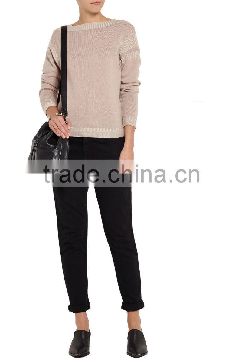 Antique-Rose 100% Cashmere Loose Crew Neck Women Chinese Sweater with Inverted Triangle Stiching on Back