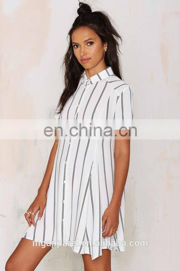 2015 MG Simple white with black stripe print front button closure lady top for a swing skirt silhouette