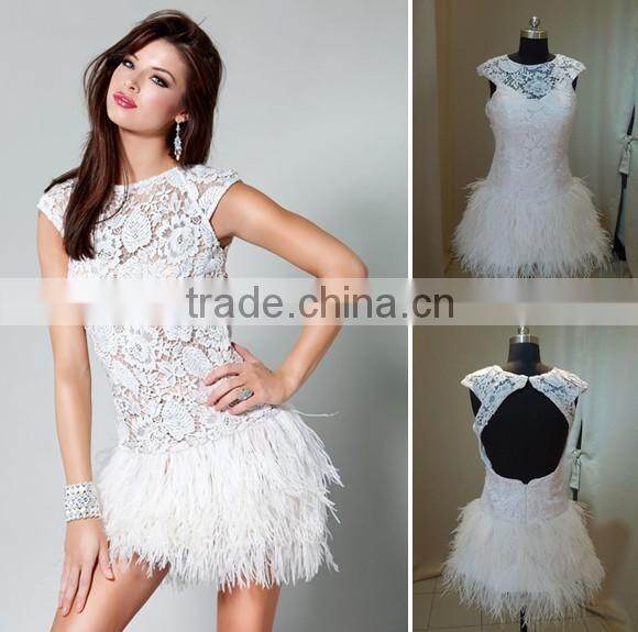 Fashional Short Style Lace and Feather Back Open Tight Evening Dress