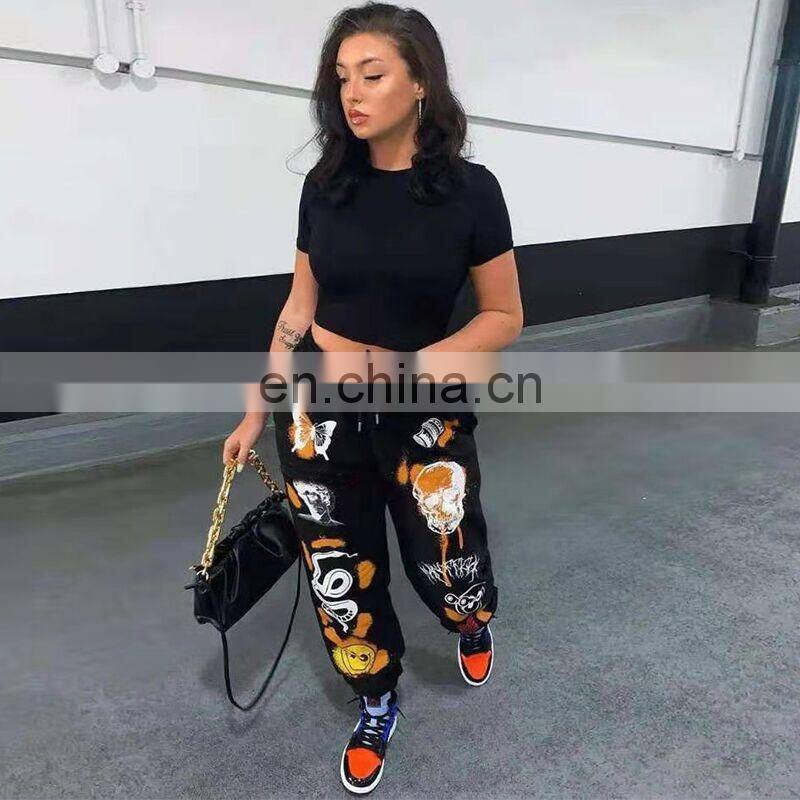 2021 autumn and winter new fashion street trend multi-pattern printing strap thick warm casual pants