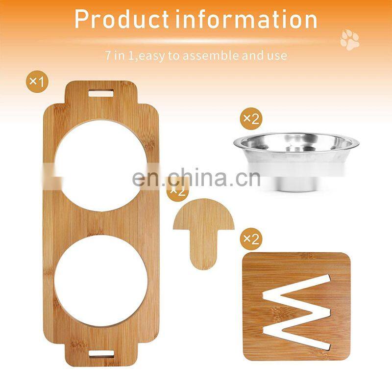 Adjustable Bamboo Raised Pet Bowl Elevated Dog Cat Food and Water Bowls Stand Feeder Poultry Feeder with Stainless Steel Bowls