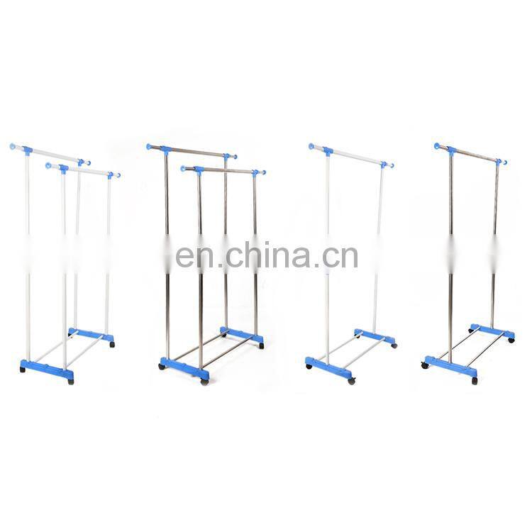Telescopic sliding non punching clothes hanger iron double pole clothes hanger with wheels