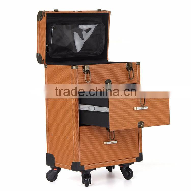 Manufacturer OEM trolley makeup artist case with functional wheels rolling and mirror