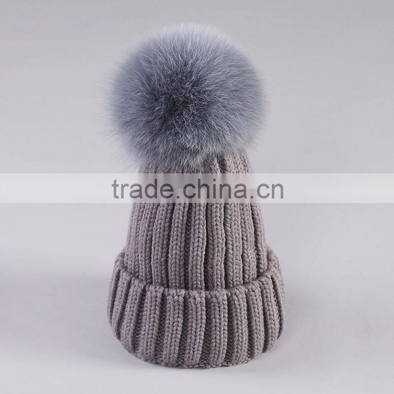 Winter Fashion Big Size Real Fox Fur Pompom Knitted Lady Wool Cap