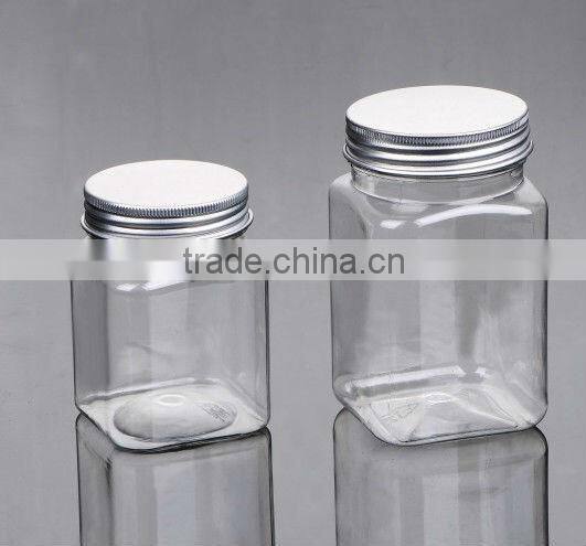 Aluminum cap,220ml square pet clear jar,candy jar