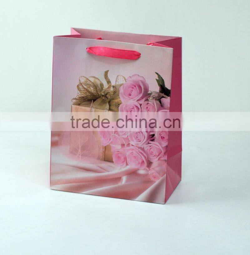 new fancy design for 2015 printed red flower paper bag with ribbon handle supplier and manufacture