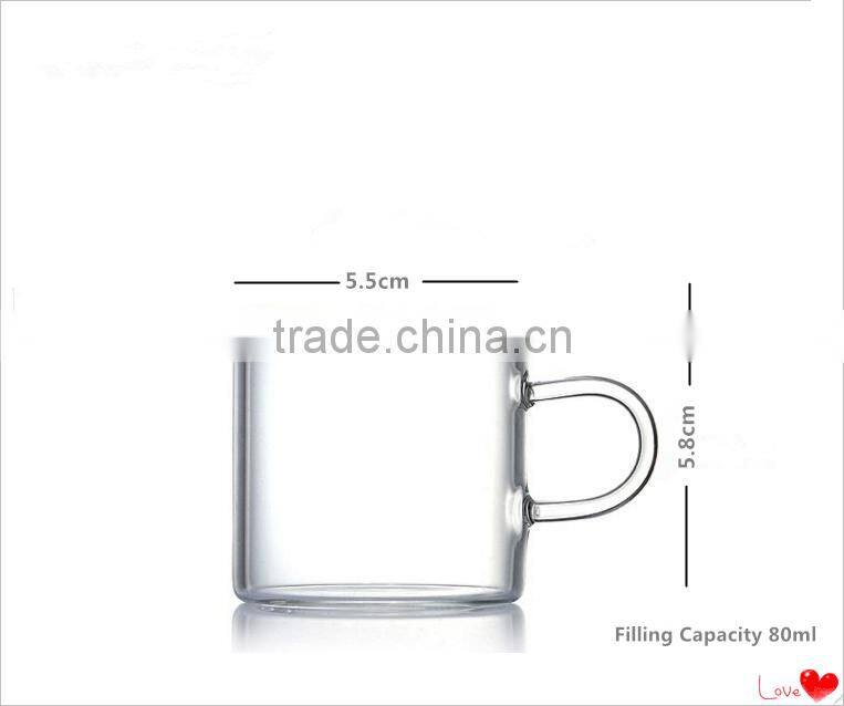 80ml Mini Straight Round Shaped Clear Glass Material Empty Cup with Handle/ Tea Glass Cup with Handle for Drinks