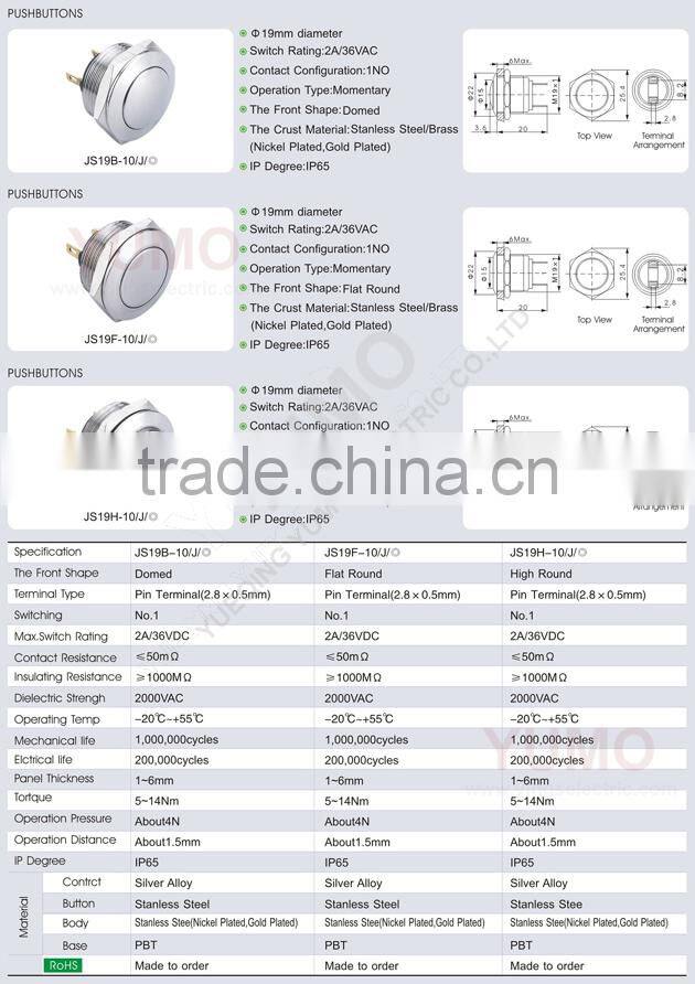 JS19B-10-J-N ROHS 19mm domed 1NO momentary screw terminal 2A/36VDC push button switch bi-color led push button switch