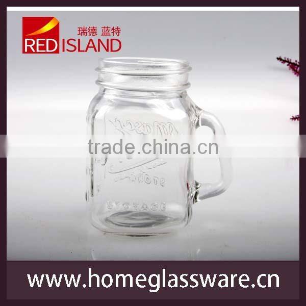 transparent square glass manson jar with handle and straw