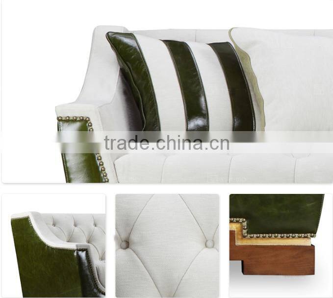 American concise design solid wood frame fabric seat genuine leather back living room sofa set