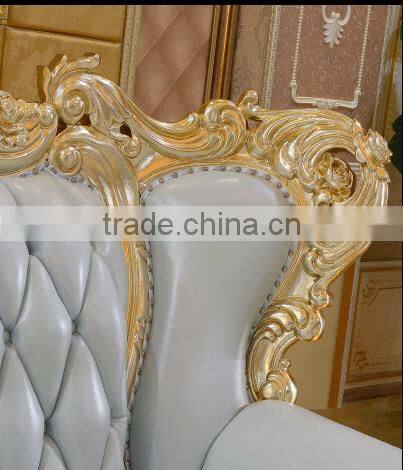 Luxury living furniture wood carving goldfoil light blue genuine leather sofa set