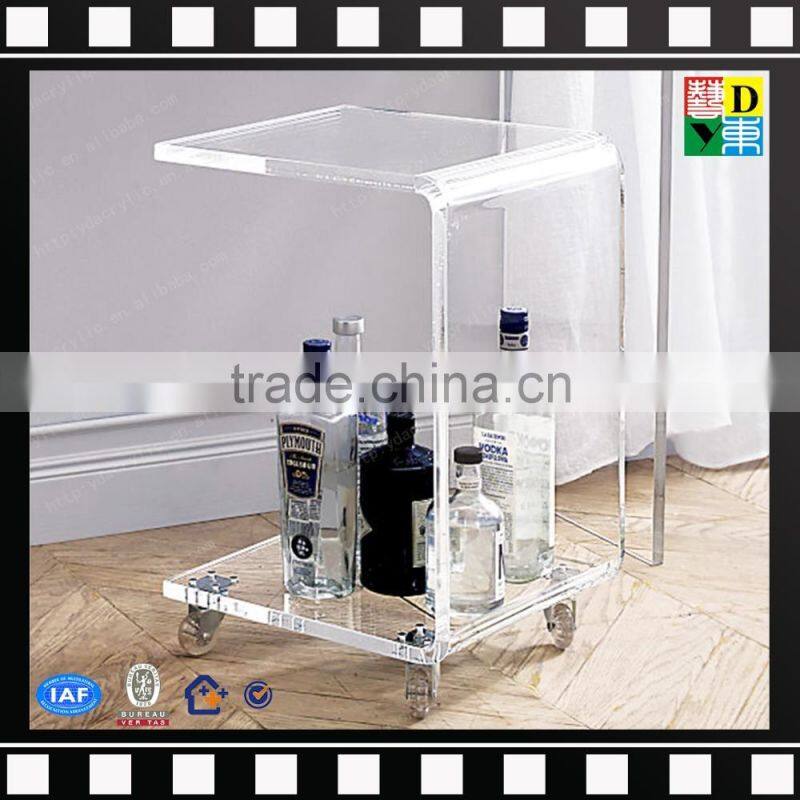 2017custom design acrylic rolling cart latest PMMA lucite acrylic trolley C shape new arrival high quality acrylic wine cart