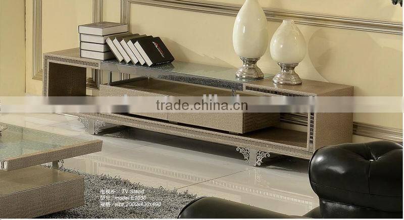 Modern glass console TV Stand with wooden strorage cabinet E6665