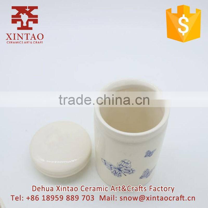 Factory supply Hand Painted White Cookie Jar with butterfly
