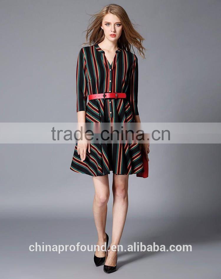New Fashion Designer Lady Women's Dresses Striped Long Sleeve Shirt Dress