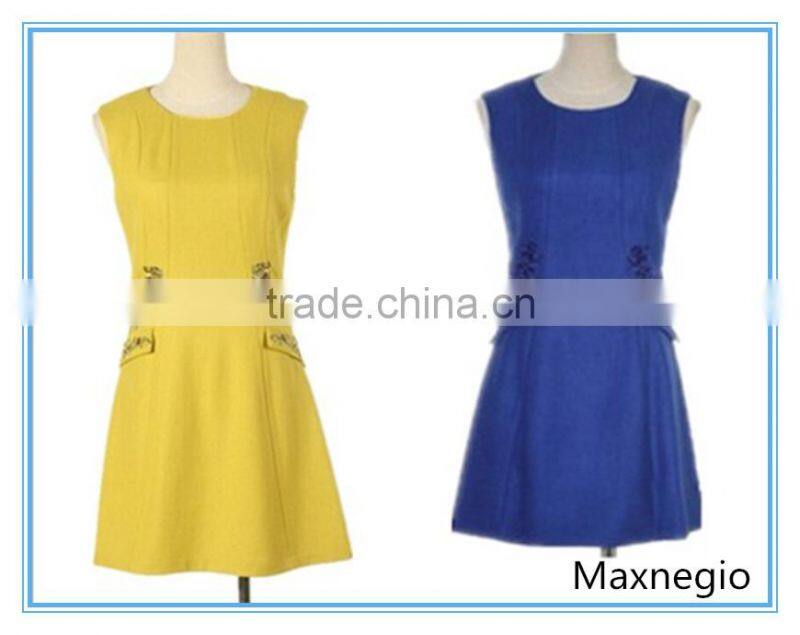 Yellow and blue color wool fabric short party dresses for ladies on sale
