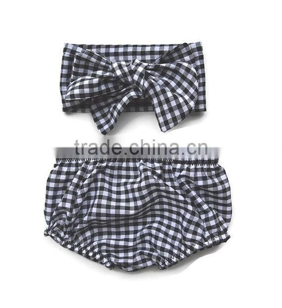 Kids cotton hot boy shorts bloomers baby black white gingham bloomer shorts with headwrap set outfits