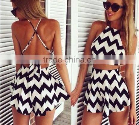 Wholesale Women clothing women summer dress Striped Playsuit Summer Style Shorts Backless Sexy Jumpsuit Crop Top and skirt set