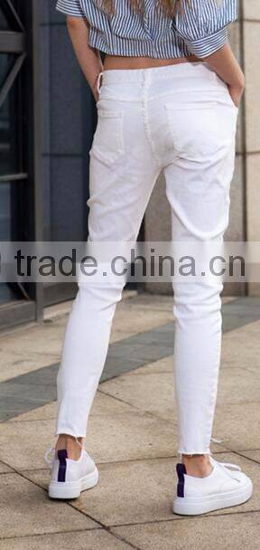 Runwaylover EY0621P custom newest fashion stretch White holes denim jeans women negotiate price