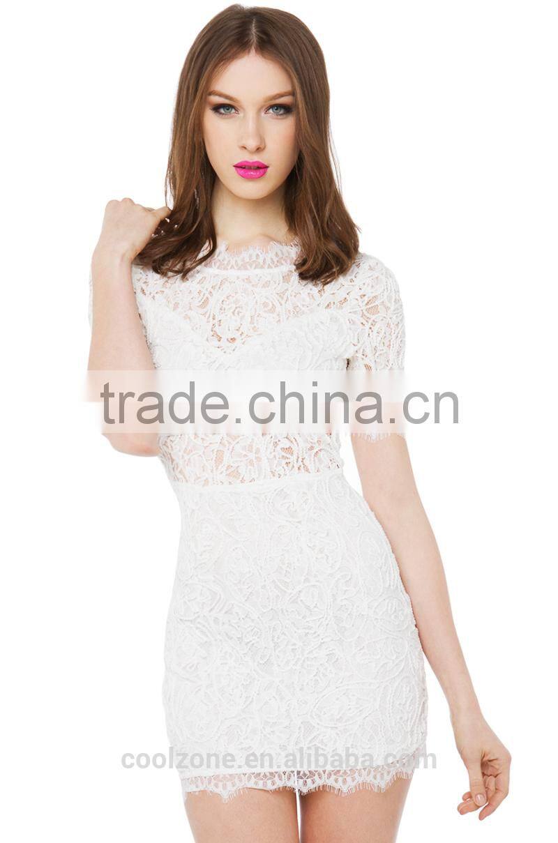 High quality short sleeve out mini lace sexy evening dress