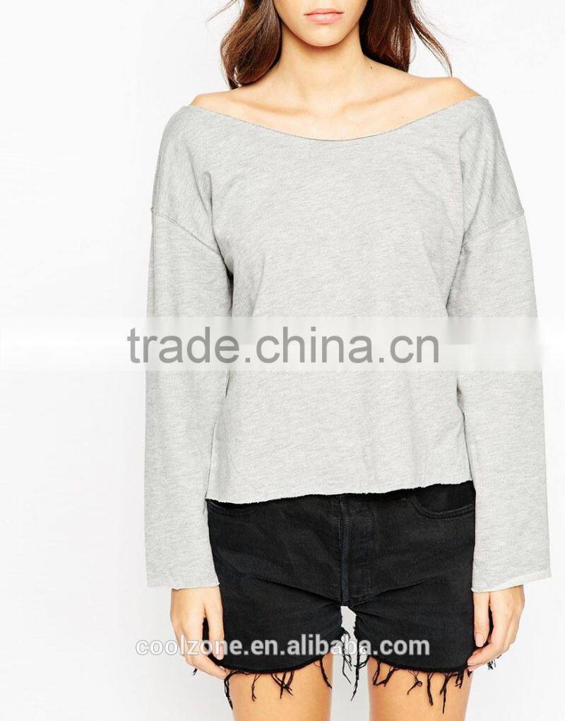 Latest off the shoulder neck raw cut edges women sweatshirt